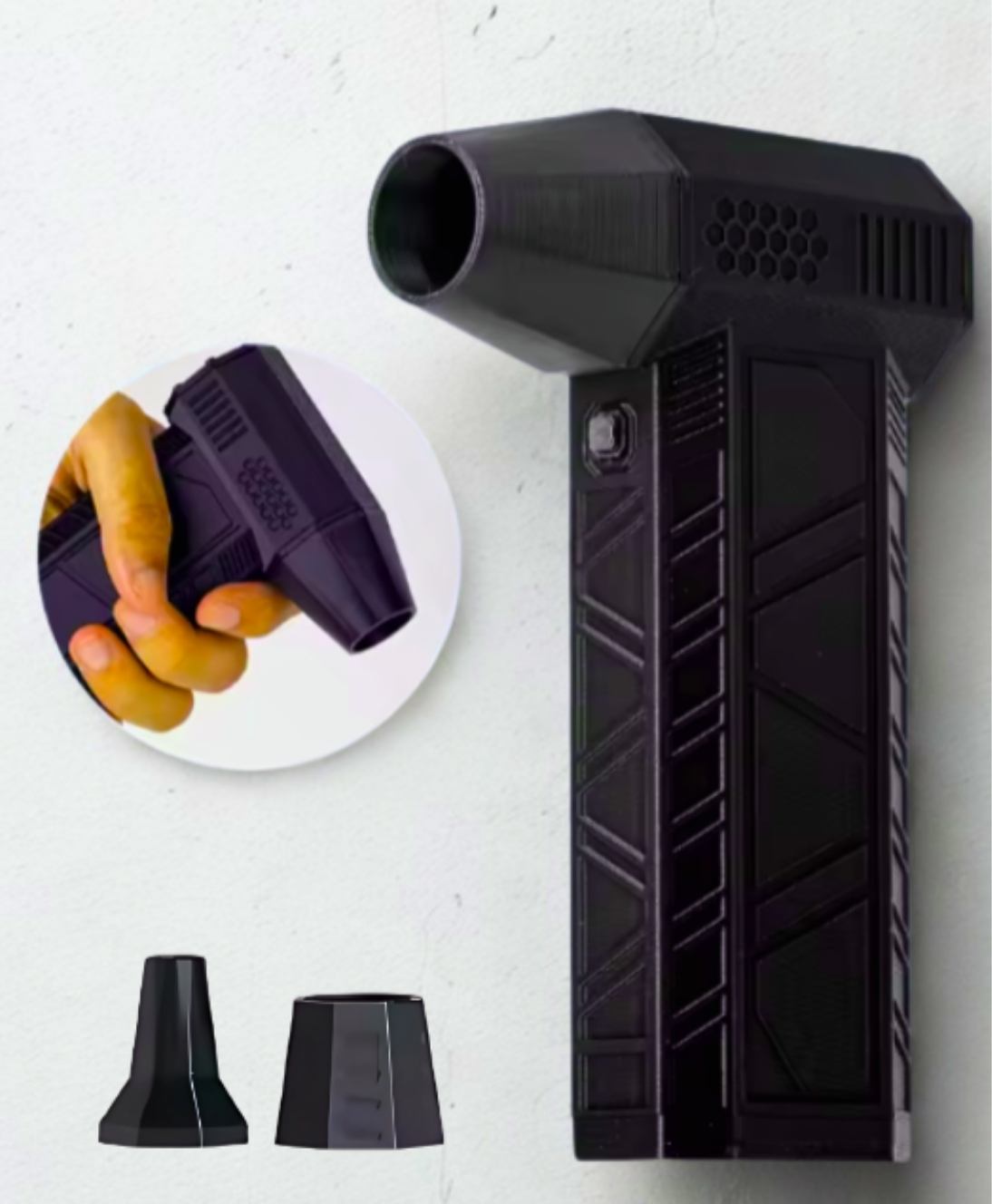 Afbeelding van een sterke mini ventilator met twee mondstukken.