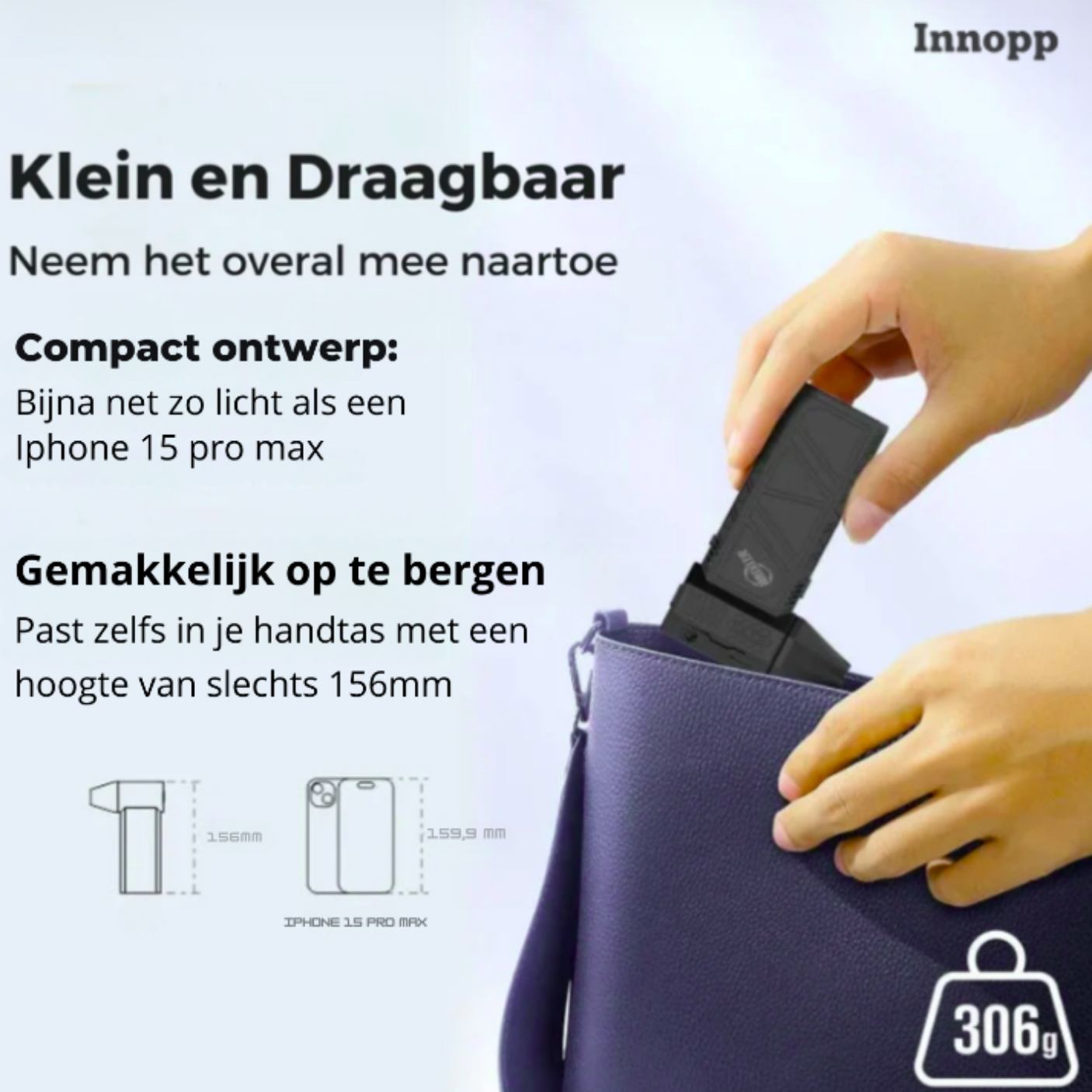 Kleine dirtblow ventilator is makkelijk op te bergen in je tas