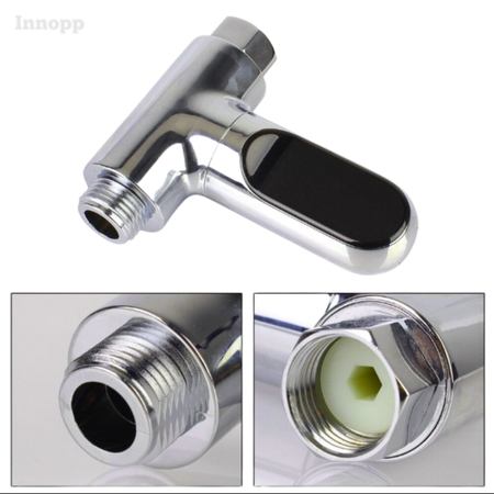 Een chrome douchethermometer met zwarte display, inclusief close-ups van het schroefdraad.