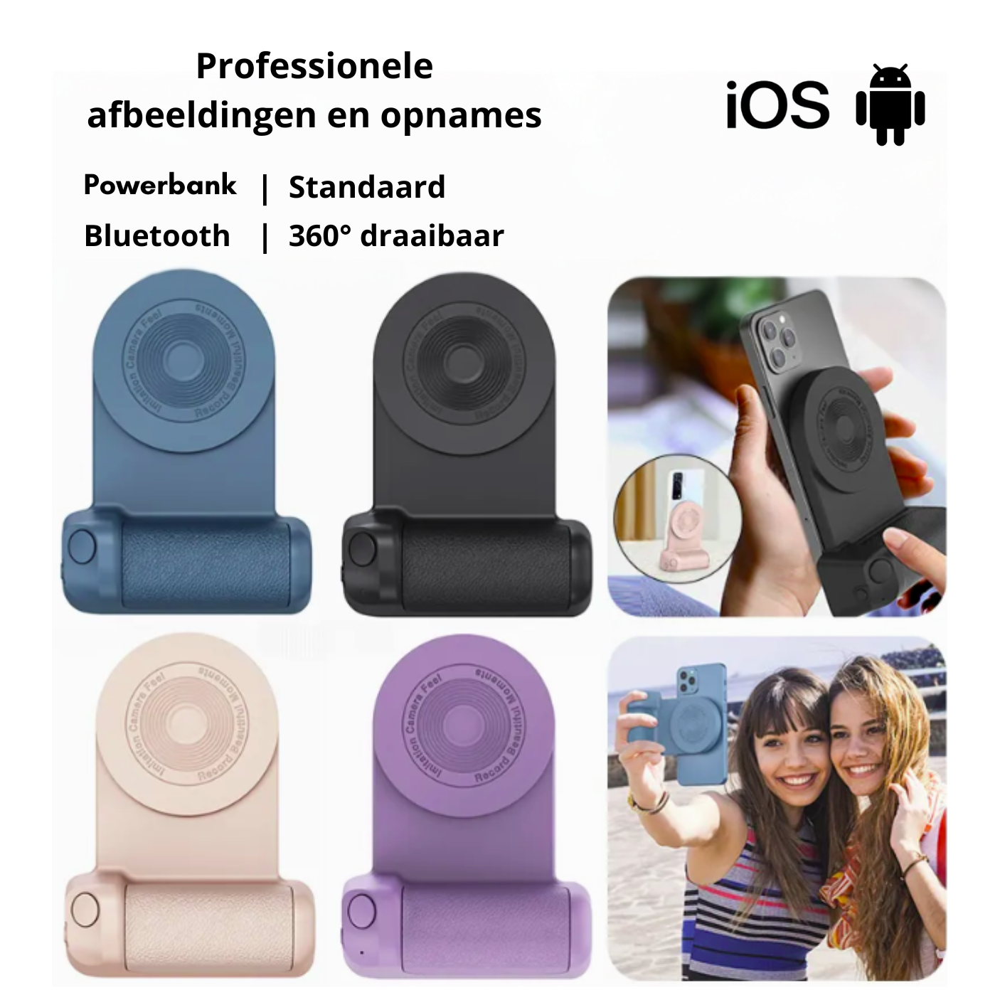 Magnetische telefoon grip met Bluetooth, powerbank en 360° rotatie voor stabiele opnames.
