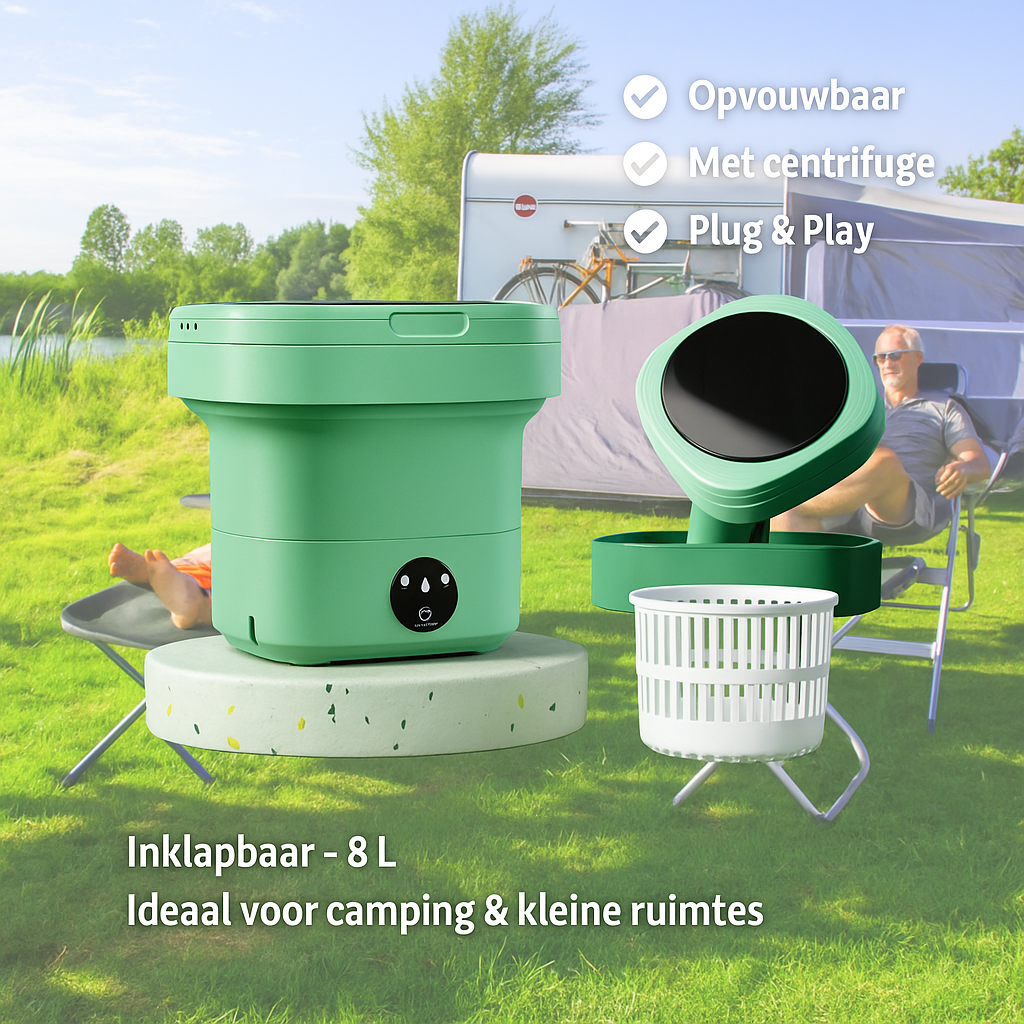 Opvouwbare mini wasmachine met centrifuge, ideaal voor camping, studio of onderweg – 8L inhoud.