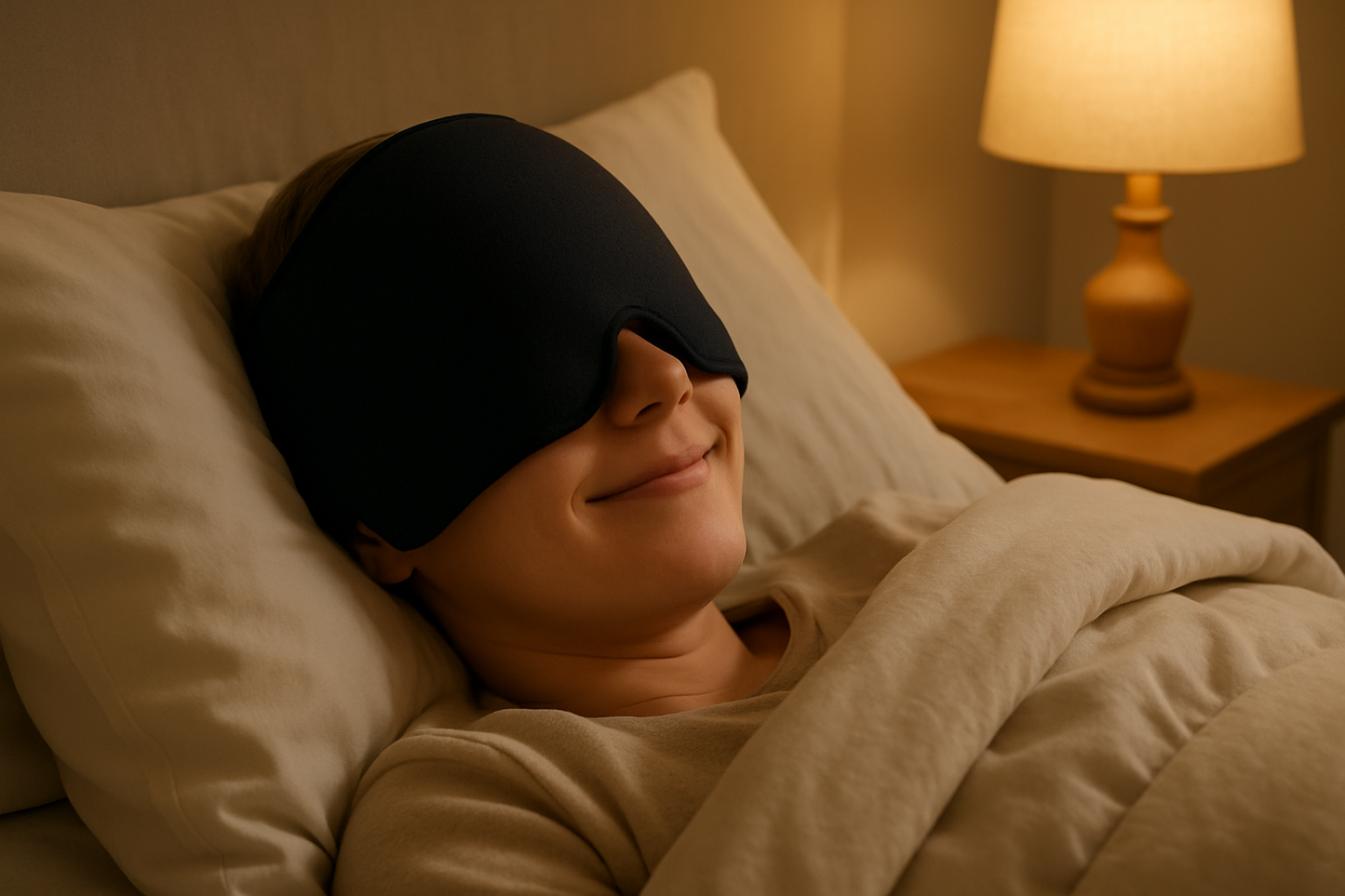 Vrouw slaapt ontspannen met migraine ijsmuts die hoofdpijn en stress direct verlicht in de nacht.