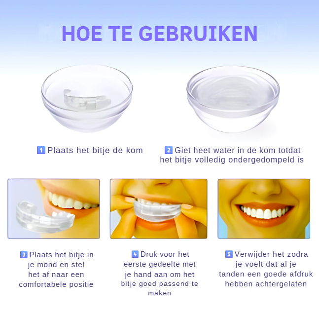 Stap-voor-stap uitleg met afbeeldingen over het gebruik en vormen van de snurkbeugel in de mond