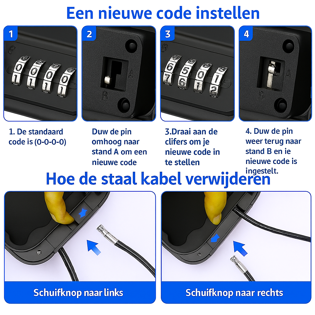 Stapsgewijze uitleg over code instellen en verwijderen van de stalen kabel bij mini-kluis