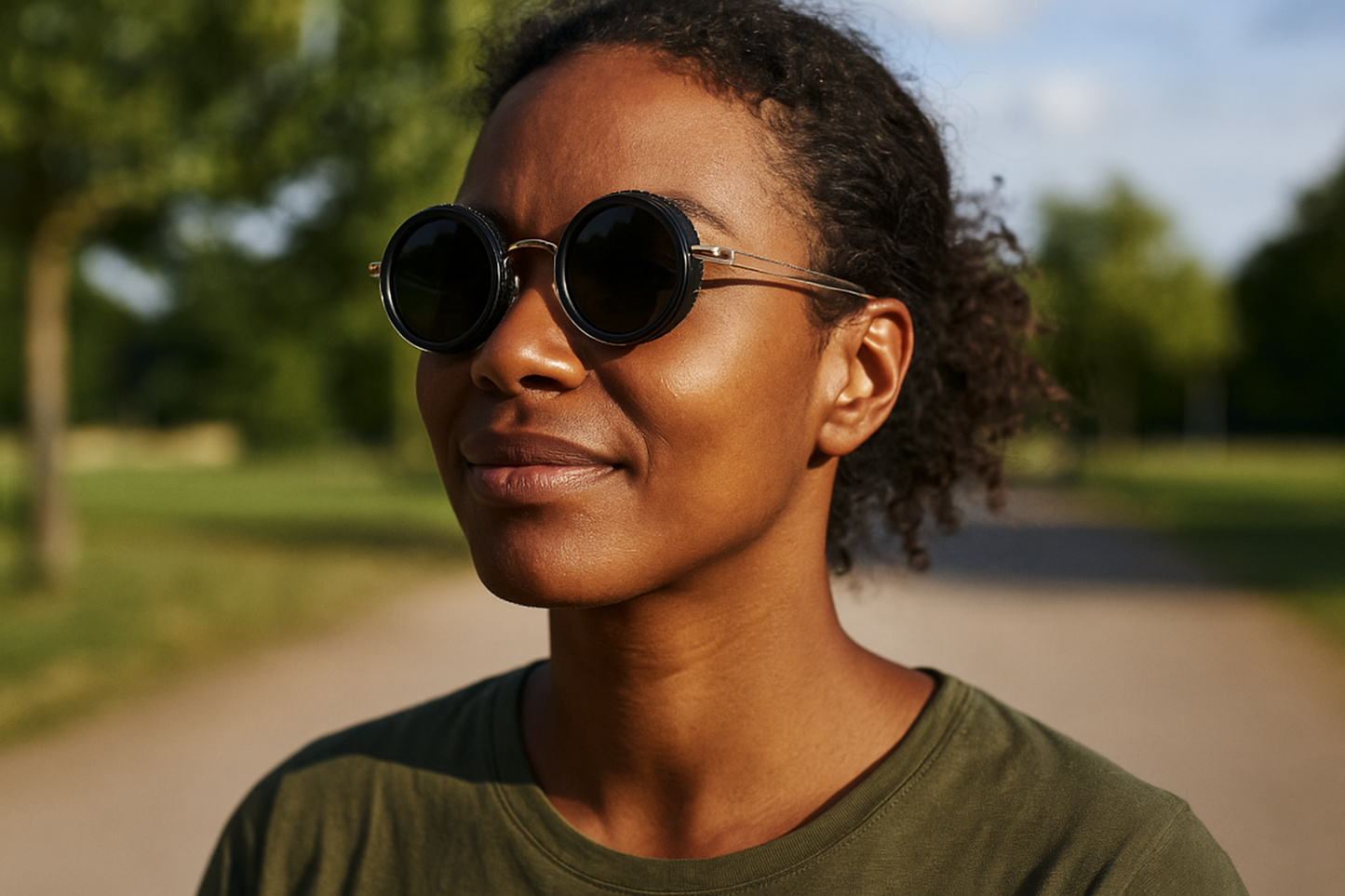 Vrouw draagt instelbare polarized zonnebril buiten voor optimaal comfort tijdens wandelen