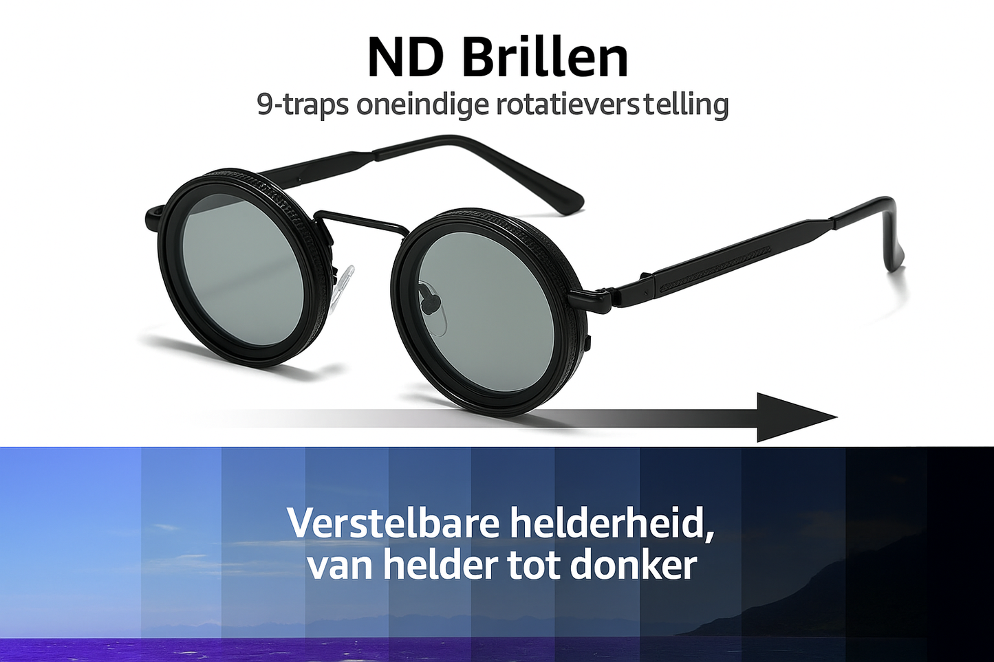 Instelbare ND-zonnebril met 9-traps rotatie en helderheid van licht tot donker voor buitengebruik