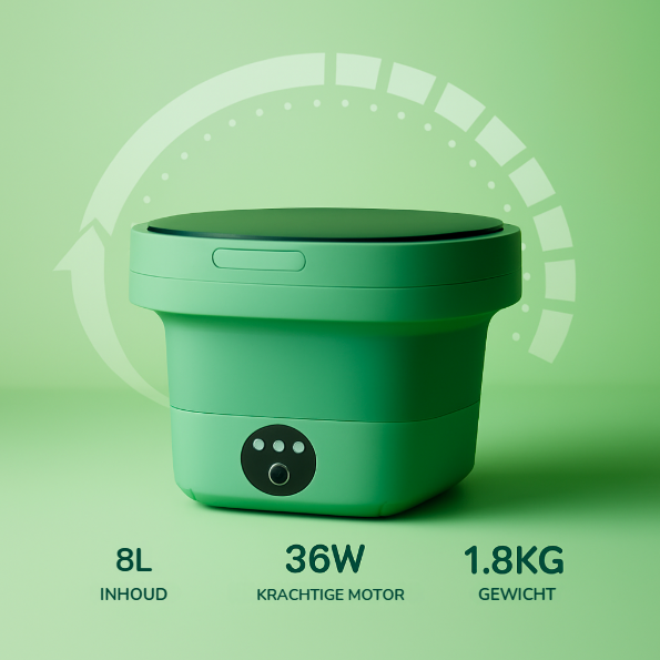 Groene opvouwbare mini wasmachine met 8L inhoud, 36W motor en 1.8KG gewicht op groene achtergrond.
