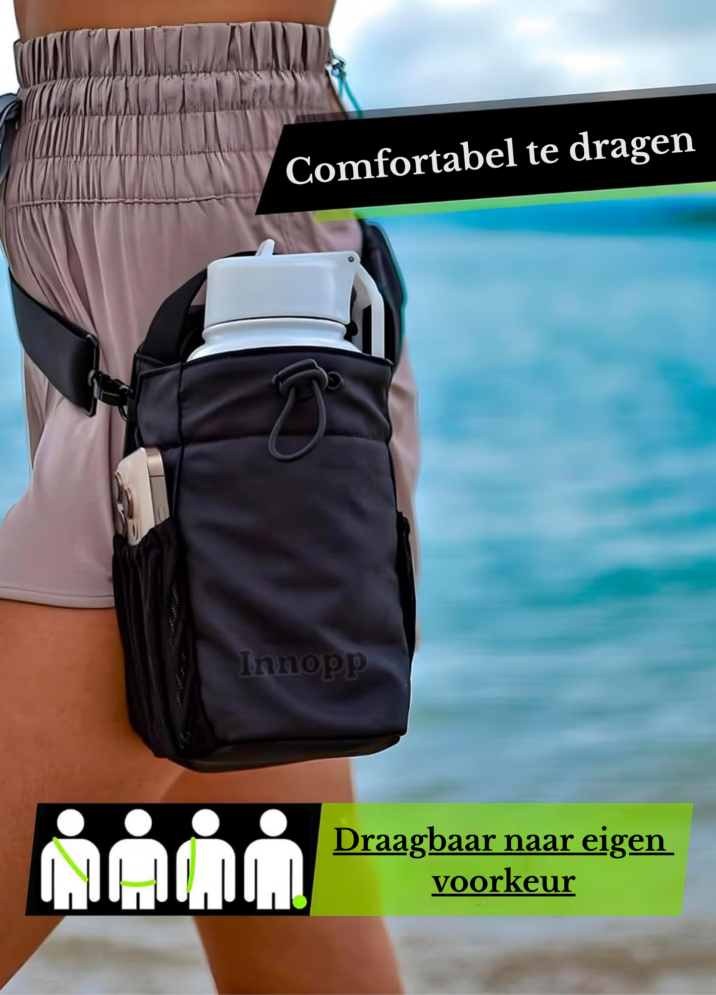 Mevrouw laat verschillende manieren zien om de ophangbare en magnetische sporttas te dragen.