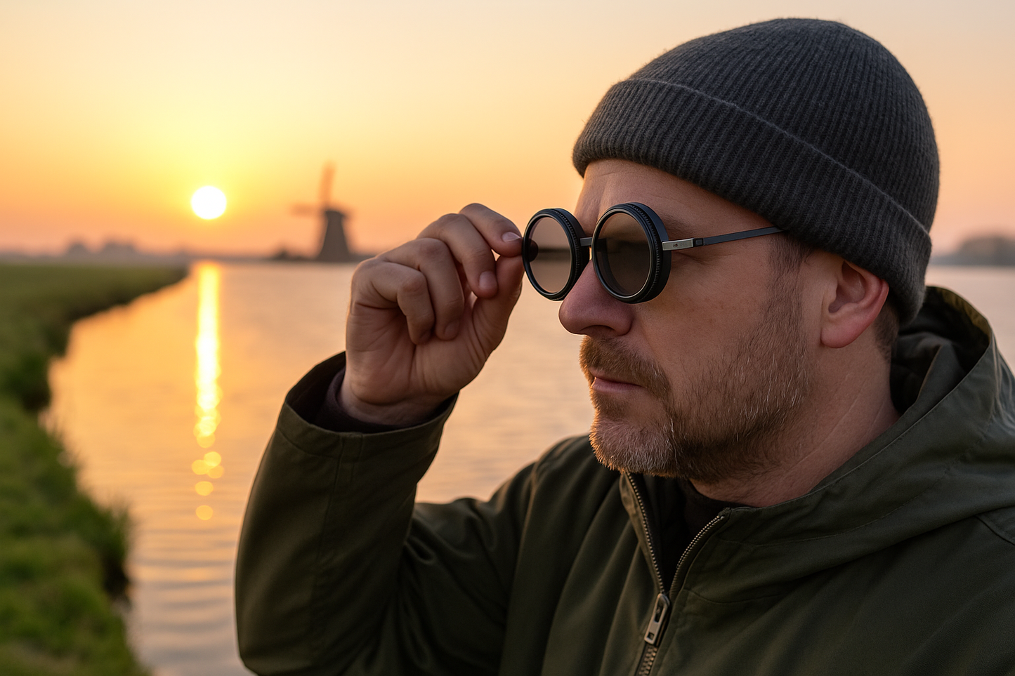 Man draagt instelbare outdoor zonnebril bij zonsondergang aan het water met molen op achtergrond