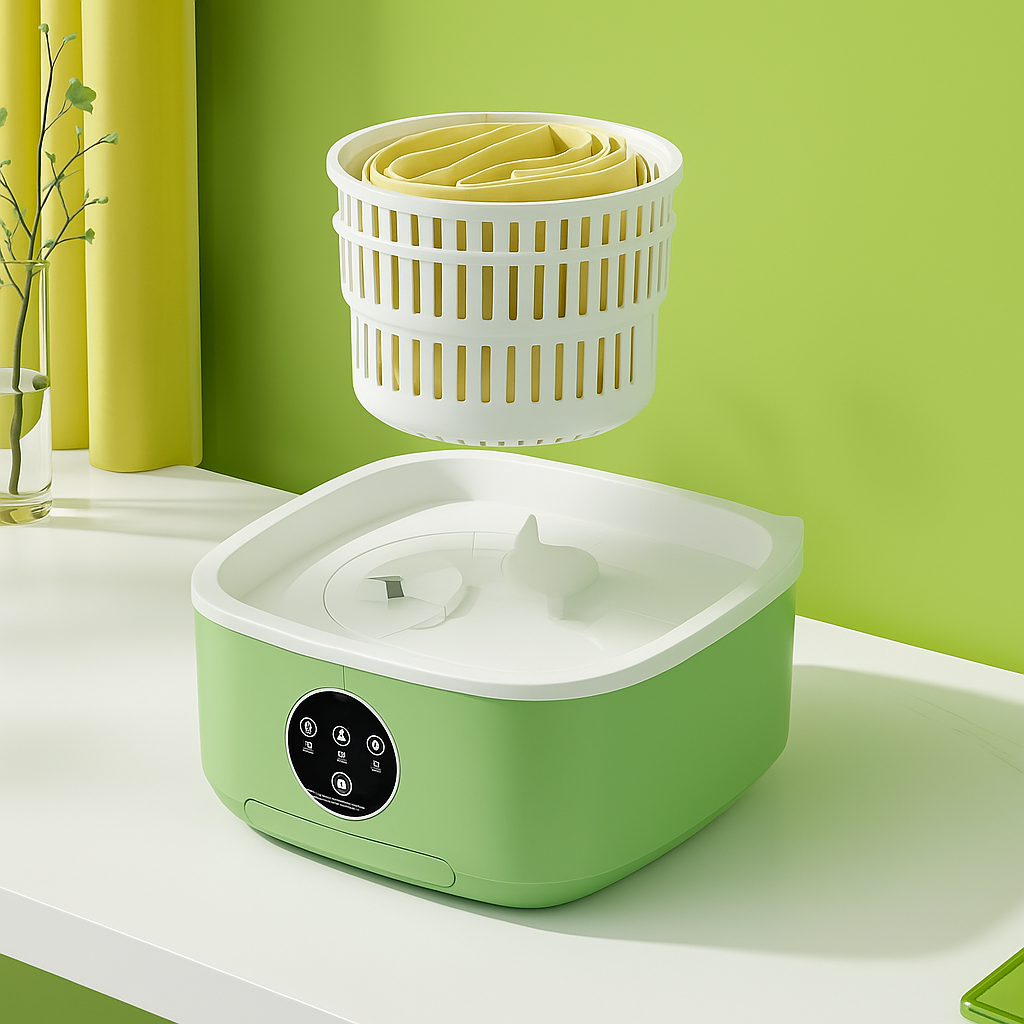 Groene mini wasmachine met losse centrifuge mand.