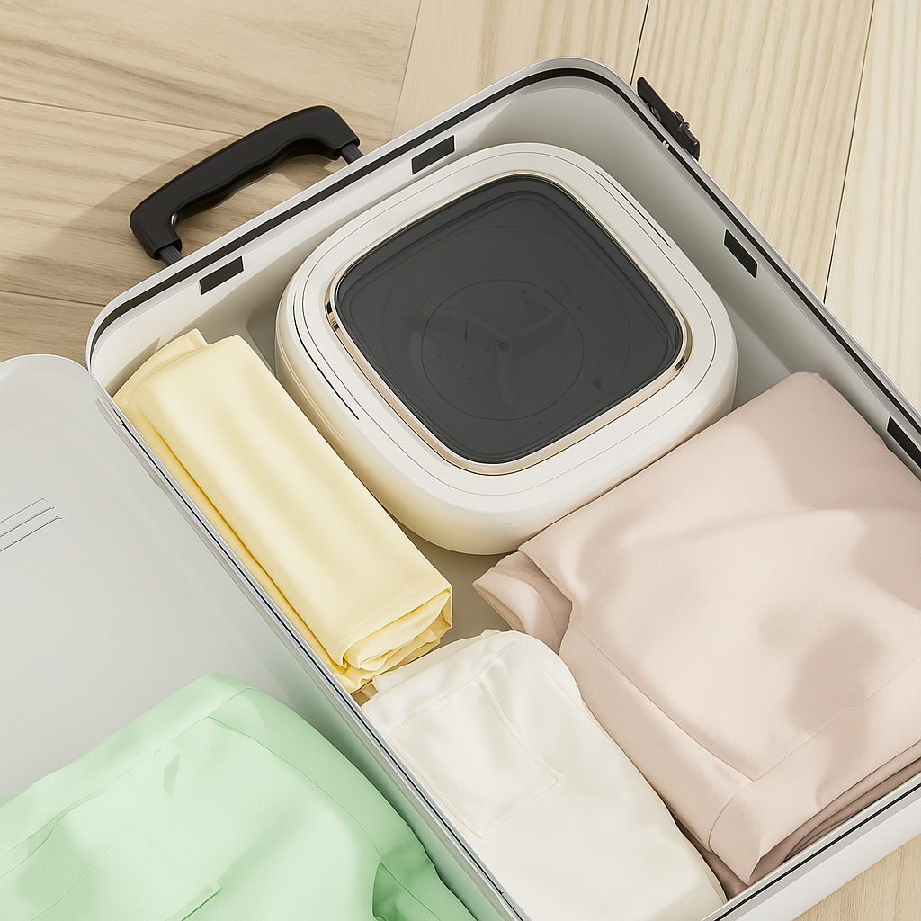Ingeklapte mini wasmachine compact opgeborgen in een koffer.