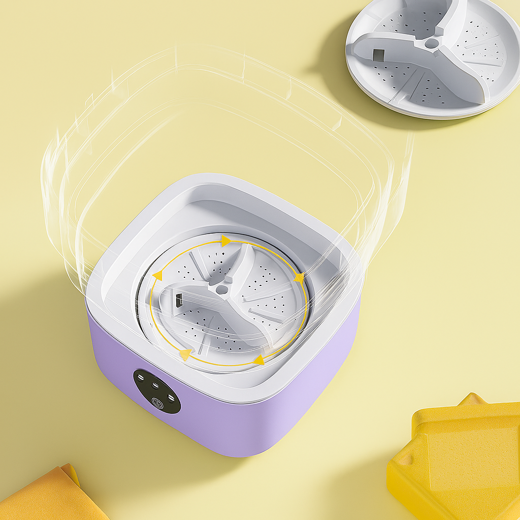 Paarse mini wasmachine met draaiende binnenkant – toont krachtige rotatie voor effectieve reiniging.