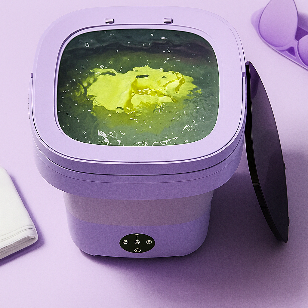 Paarse mini wasmachine in werking met kleding in het water – ideaal voor kleine wasjes.