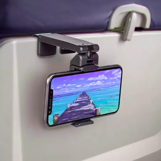 Een telefoonhouder voor in het vliegtuig, bevestigd aan de rugleuning van de stoel.