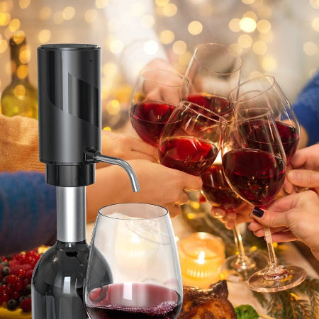 Zwarte automatische wijntap met een feest als achtergrond 