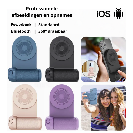 Magnetische telefoon grip met Bluetooth, powerbank en 360° rotatie voor stabiele opnames.