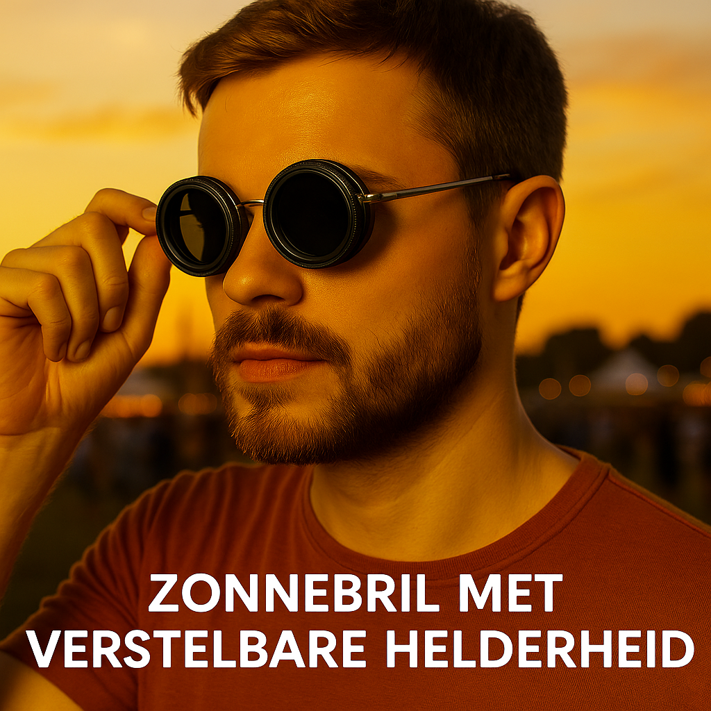 Man draagt instelbare zonnebril met verstelbare helderheid tijdens zonsondergang buiten