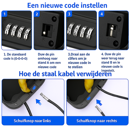 Stapsgewijze uitleg over code instellen en verwijderen van de stalen kabel bij mini-kluis