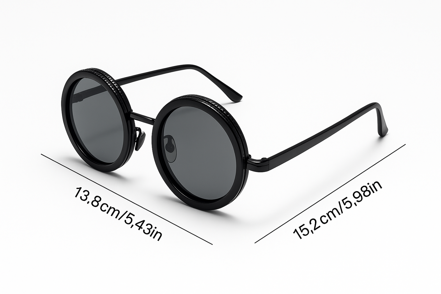 Zwarte instelbare zonnebril met ronde glazen en afmetingen 13.8 cm breed en 15.2 cm lang