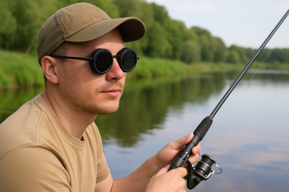 Man vist ontspannen met instelbare polarized zonnebril voor minder schittering aan het water