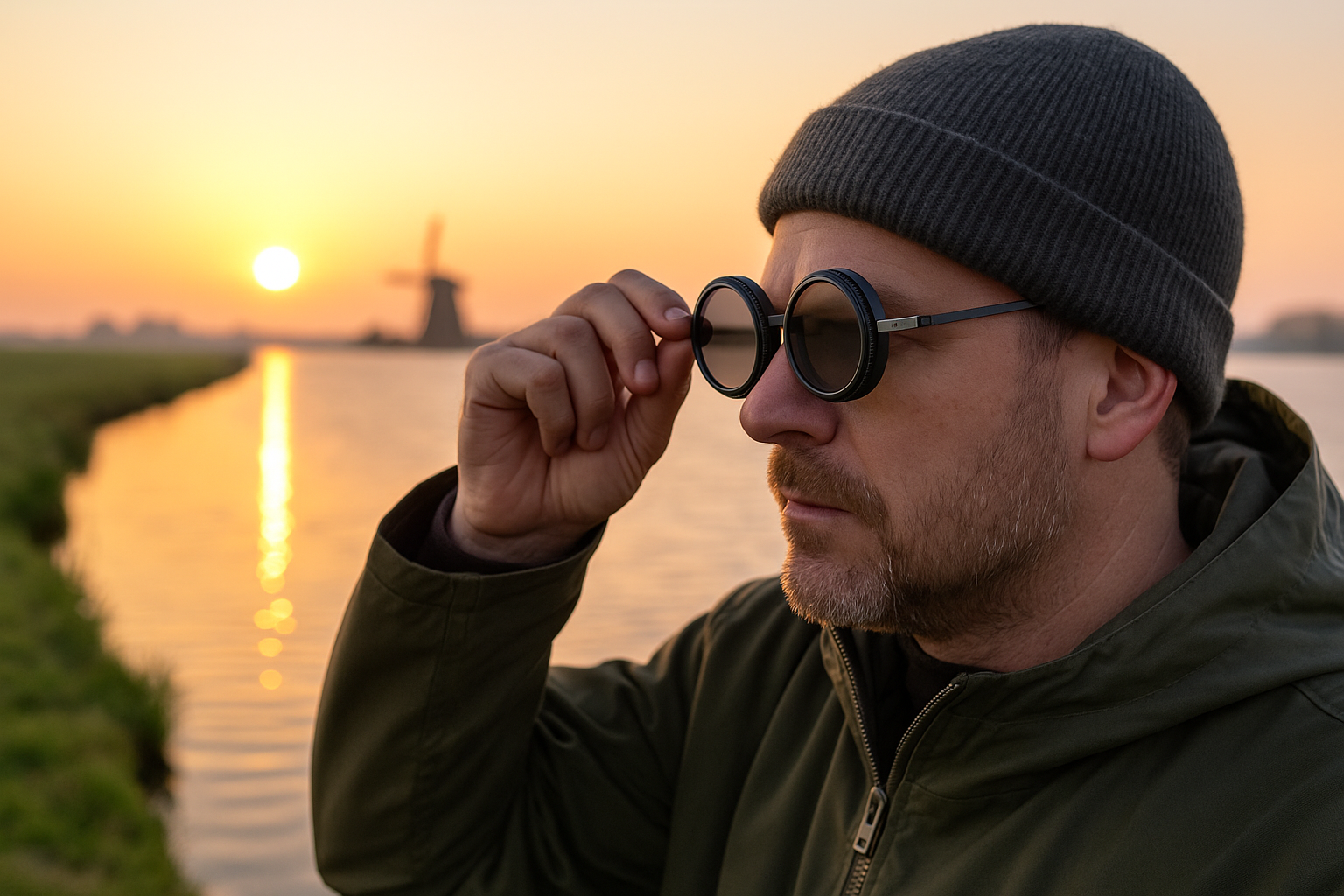 Man draagt instelbare outdoor zonnebril bij zonsondergang aan het water met molen op achtergrond